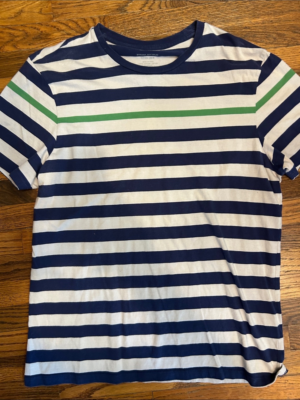 Banana Republic Navy, White & Green Striped Short Sleeve Tee